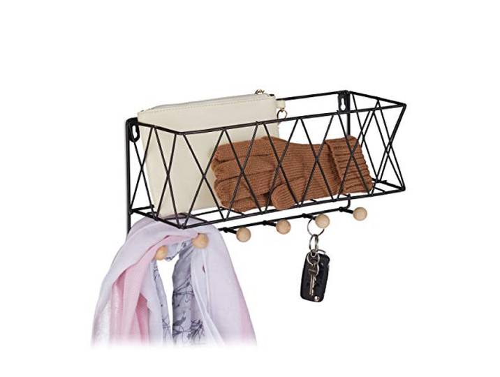Relaxdays Etagère Murale avec portemanteaux\, métal & Bois\, Design Grille\, 6 Crochets à Vestes\, 17 x 36 x 13 cm\, Noir