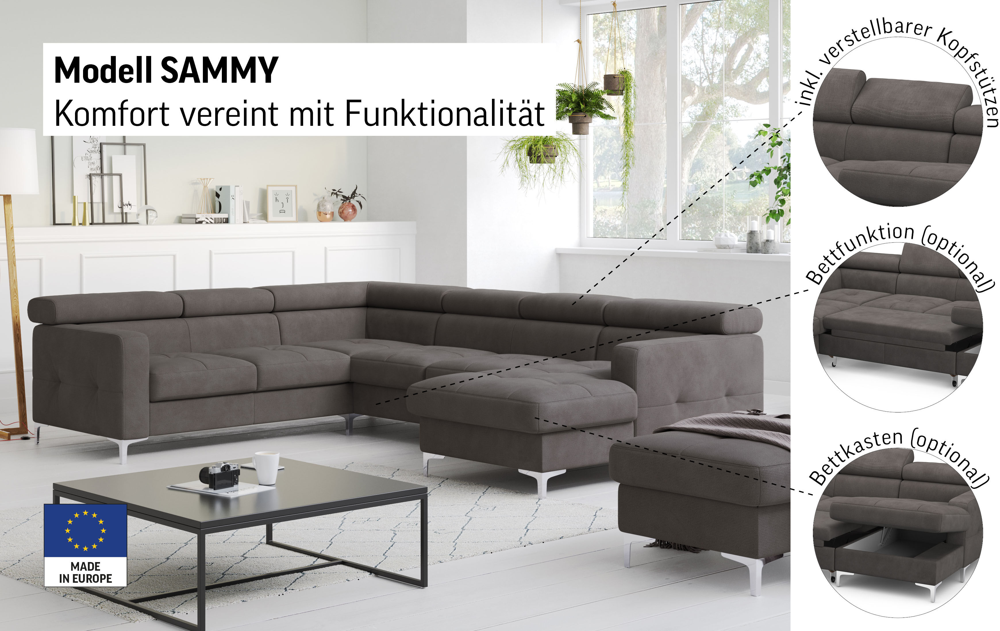 Wohnlandschaft COTTA "Sammy U-Form, B: 304 cm", braun, B:304cm H:74cm T:240cm, NaturLEDER, die Rückseite ist mit schwarzem und die Liegefläche der Bettfunktion ist mit beigem Spannstoff bezogen, Sofas, Wohnlandschaft, Kopfteilverstellung, optional Schlaff