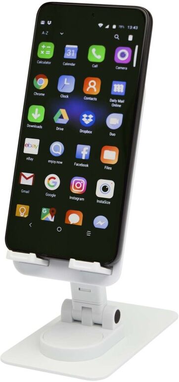 Support de téléphone Alhena pliable en plastique recyclé avec support de bureau en métal blanc