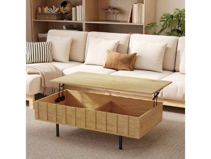 Table Basse Relevable avec 2 Compartiments Cachés et Latéraux Cannelés Style Mid-Century Modern 110x55x36 5cm Chêne