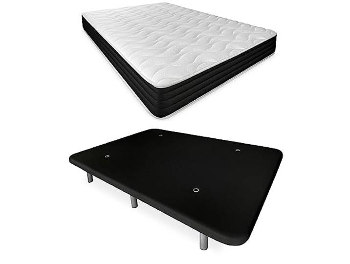 DUÉRMETE ONLINE Komplettes Bett mit wendbarer Visko-Matratze und verstärktem Polsterboden, Schwarz mit 6 Beinen, Holz, 150 x 190 cm