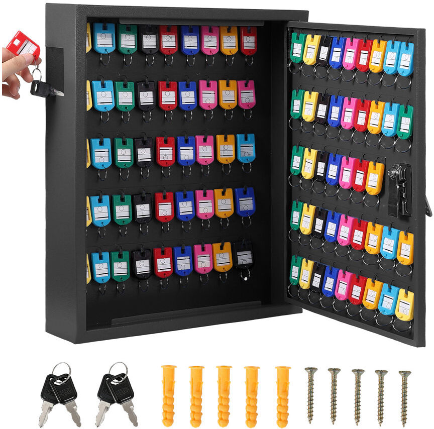 idealhouse 88 Key Wall Mount Cabinet Organizer, Heavy Duty Steel Key Lock Box with 88 Hooks & Colored Tags, Secure Key Storage with 2 Keys for Commercial Use, Bl Black 42cm H X 36cm W X 8cm D