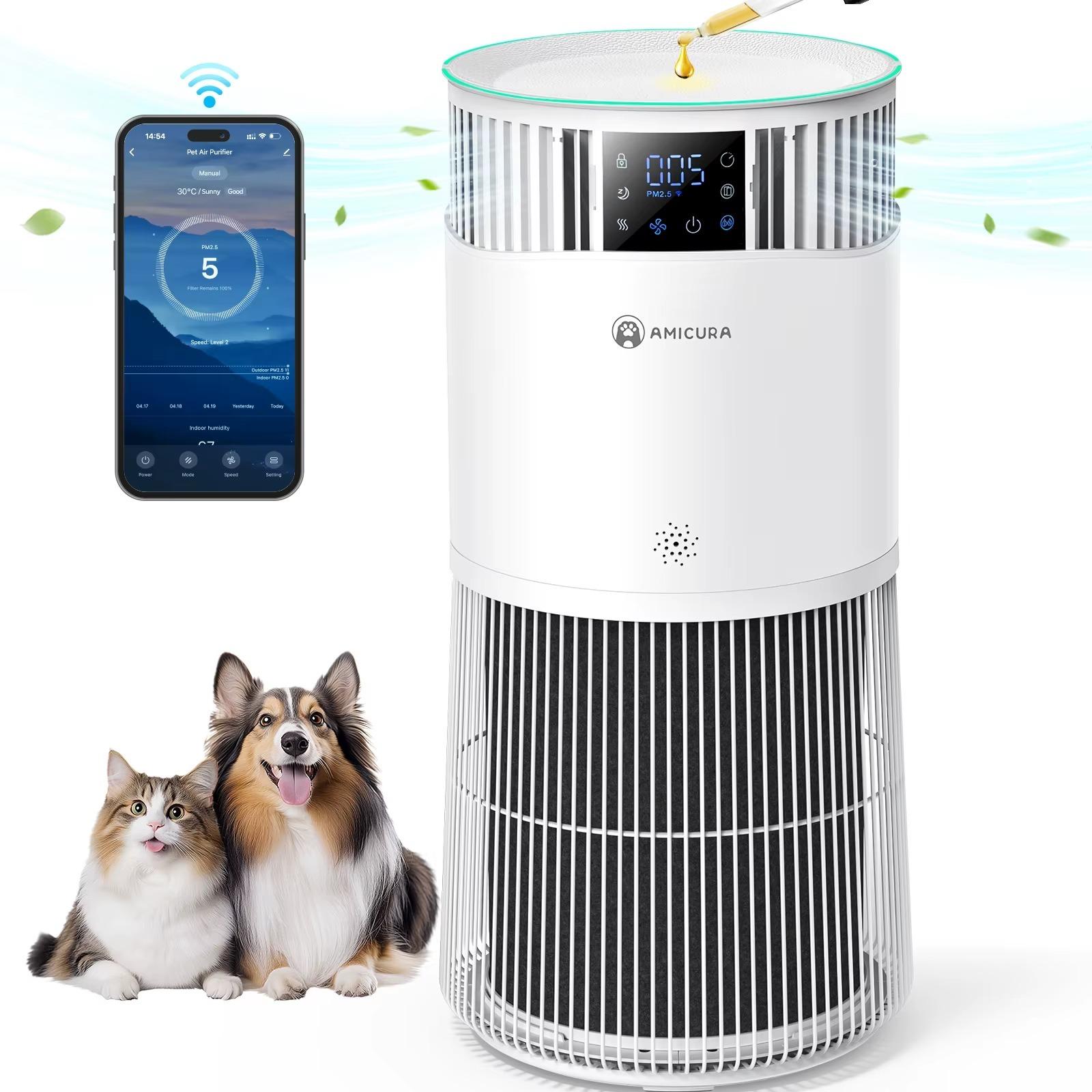 Luftreiniger für Haustiere und Zuhause - Tragbarer HEPA-Luftreiniger - H13-Filter - Für über 61 m² - Geruchsentfernung - ≤40 dB - Solarbetrieb - Weiß