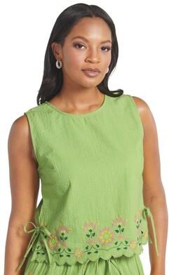 Masseys In-Bloom Embroidered Tank Top (Size 4X) Leaf Green/Pink/Yellow, Cotton,Rayon