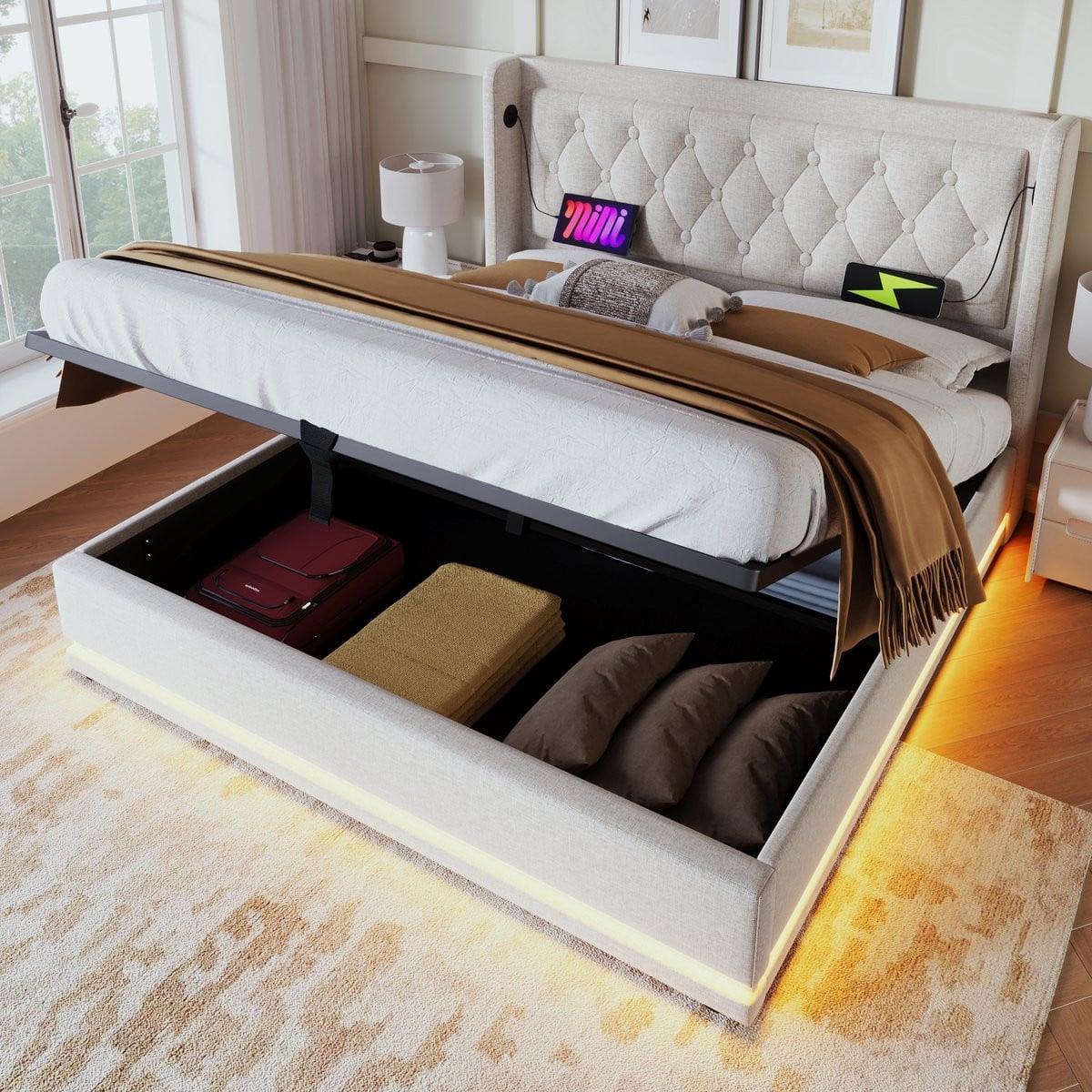 WUVRIE Gestoffeerd opbergbed 140x200 cm met LED-verlichting, USB-C-laadfunctie en hoofdbord, beige