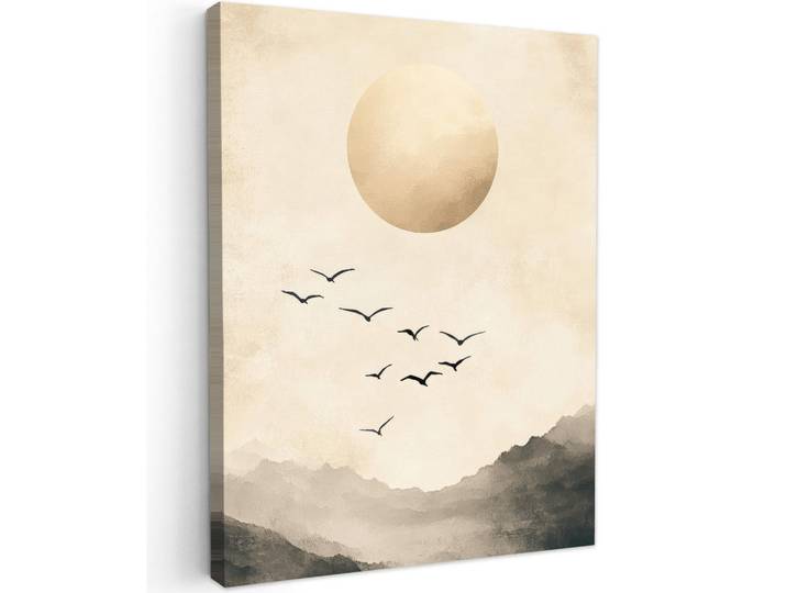 MuchoWow Leinwandbild - Landschaft - Japandi - Vogel - 60x80 - Gemälde, Beige, Textil, Kiefer, Abstrakt, Rechteckig, 60x80 cm, gerahmt, Bilder & Rahmen, Bilder, Wandbilder