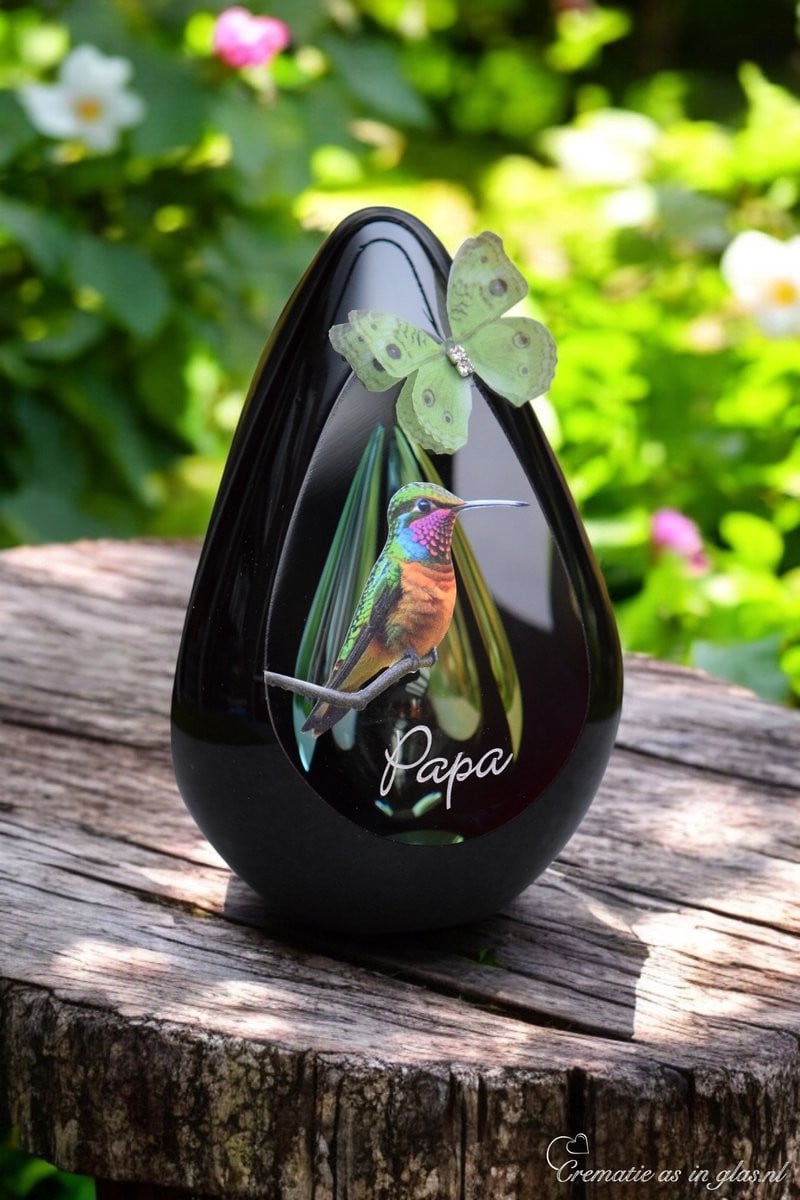 Glazen urn met kolibrie en vlinder, groengeel, 60 ml