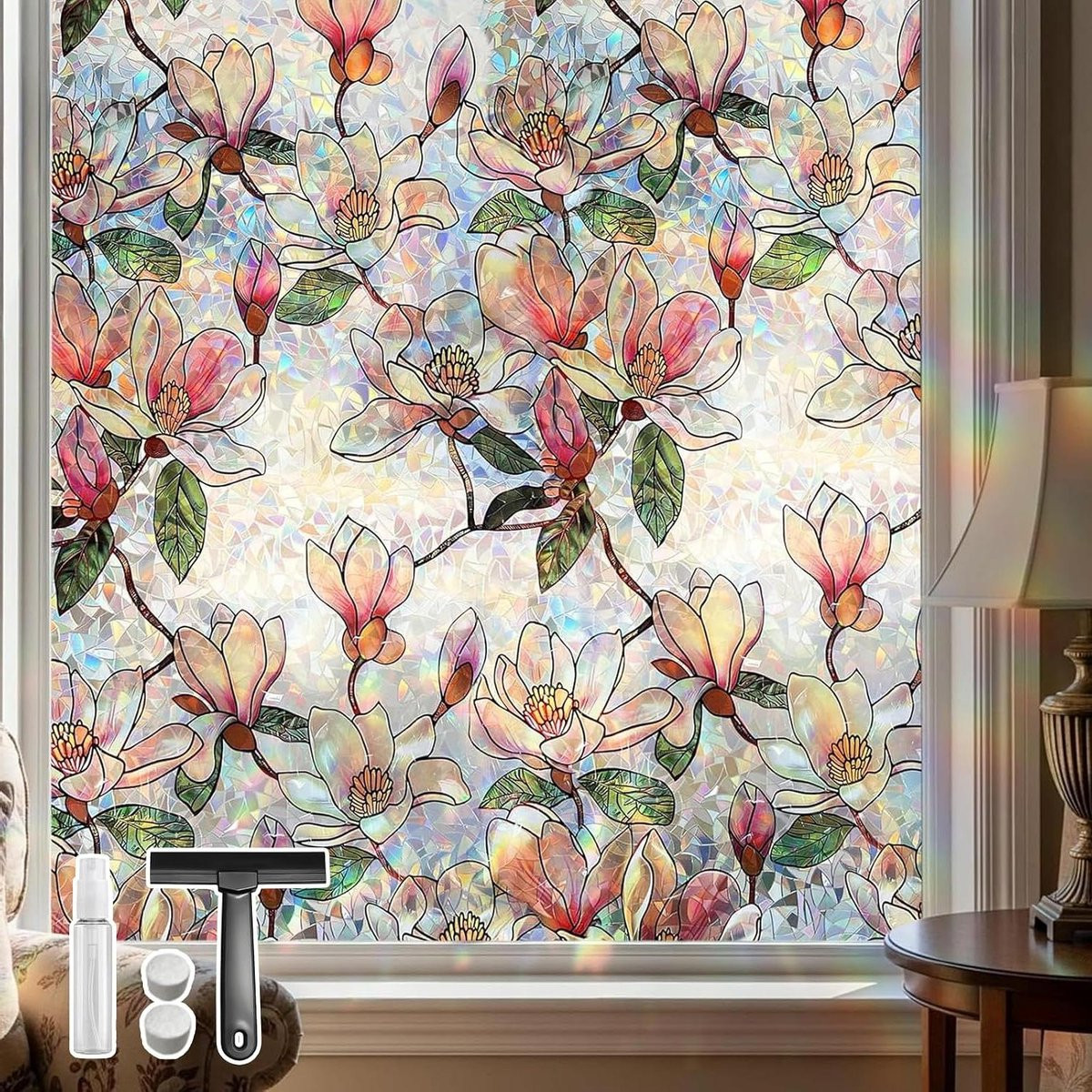 Raamfolie Magnolia Bloem met regenboogeffect voor privacy en decoratie, 44 x 200 cm
