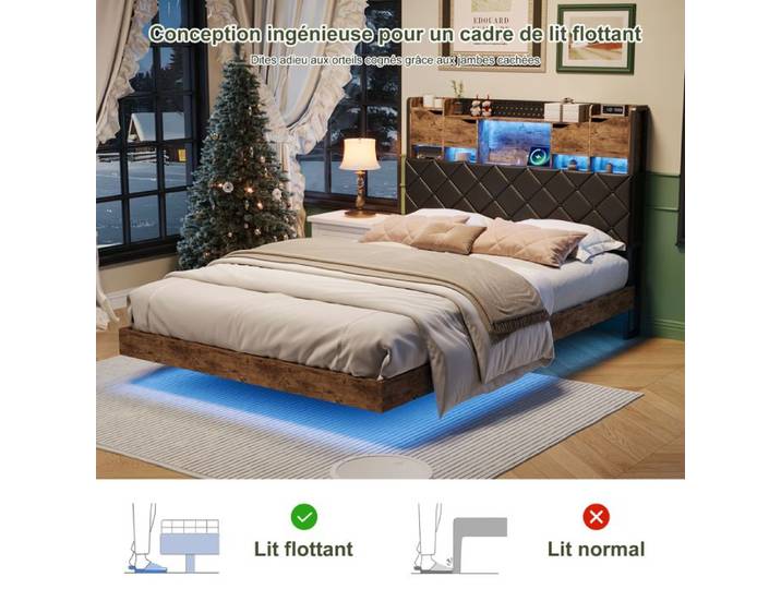 cadre de lit lit 140x200 avec sommier sommier 140x200 Cadre de lit flottant rangement et éclairage LED noir cadre en fer
