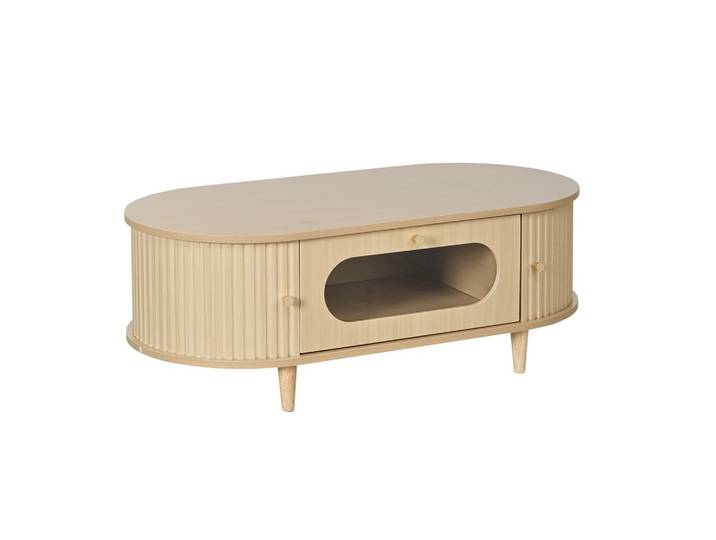 COUCHTISCH in Eiche-Optik – Ovales Design mit Glasschublade & Rolltüren