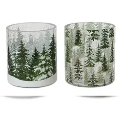 Christmas Decorations Teelichthalter Glas 10cm Winterwald Tannen Motiv Winterdeko Wintermotiv Windlicht Kerzenhalter Teelichtglas Dekoglas Weihnachtsdeko Transparent