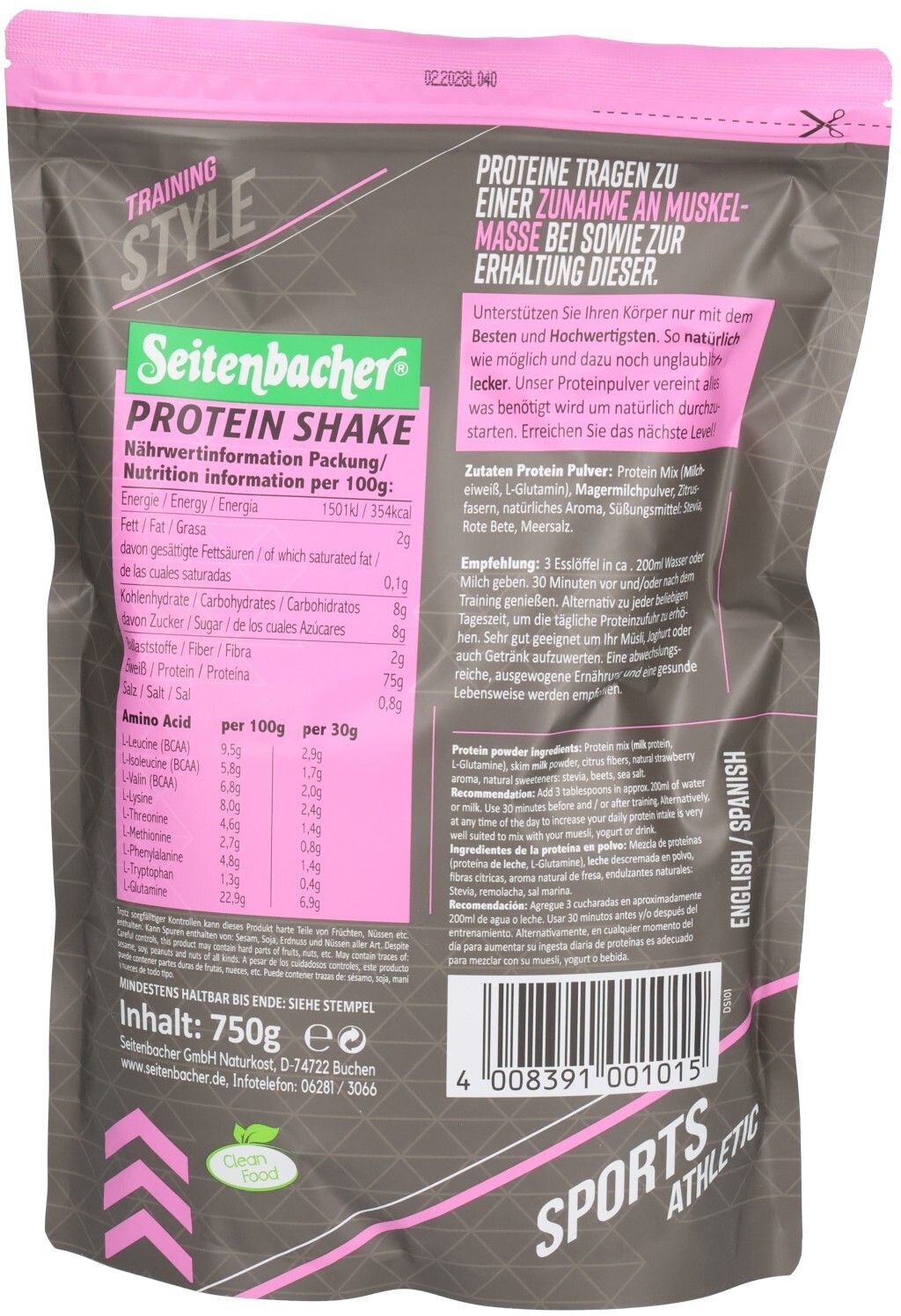 Seitenbacher Protein Shake 75.0, Erdbeere 750 g Pulver