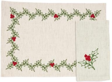 Saro Lifestyle Holly Design Embroidered Placemats & Napkins 8 pcs Set (4 Placemats, 4 Napkins)
