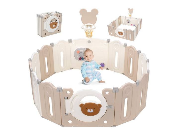 TLGREEN Laufgitter Baby Laufstall XXL,143×143×64cm, Faltbar Krabbelgitter,mit Basketballkorb und Spielpanel
