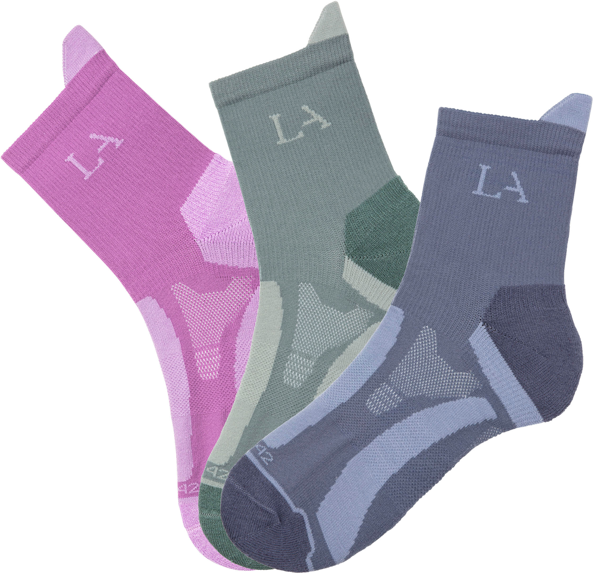 Wandersocken LASCANA ACTIVE "Damen Kurzsocken für Laufen Wandern gepolsterte Socken", Damen, Gr. 35-38, bunt (1x grün, 1x beere, 1x jeans), Materialmix, gemustert, elastisch, Socken Wandersocken, mit verstärkten Belastungszonen 1x grün, 1x beere, 1x jeans