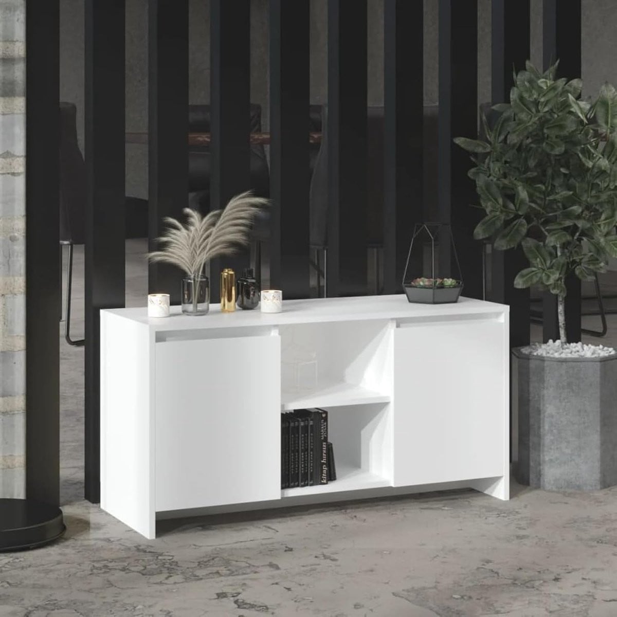 Minimalistische witte tv-kast voor in de woonkamer met media-compartimenten, B: 375 cm, H: 102 cm, D: 52,5 cm