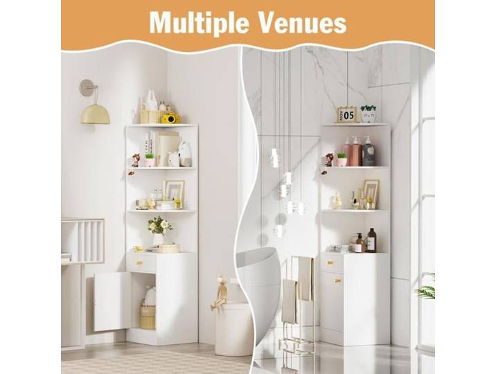 SUPFINE 1pc Étagère d'angle Meuble de Rangement Ouvert avec Porte Tiroir Bibliothèque Verticale pour Salon Bureau 38×38×161cm