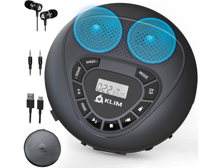 KLIM Speaker tragbarer CD-Player (Discman mit Kopfhörer, ideal fürs Auto, AUX, mit Lautsprecher)