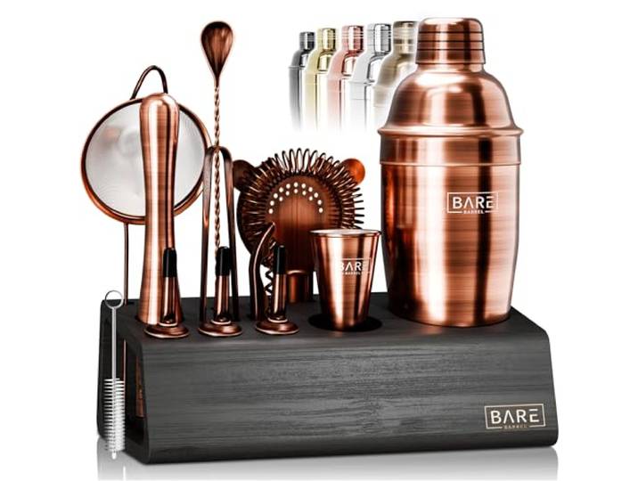 Bare Mixology Barkeeper-Set, Bar-Set, 14-teiliges Martini-Cocktail-Shaker-Set, professionelle Barzubehör-Mischwerkzeuge für die Hausbar, Bambusständer und Rezeptkarten-Set (Kupfer)