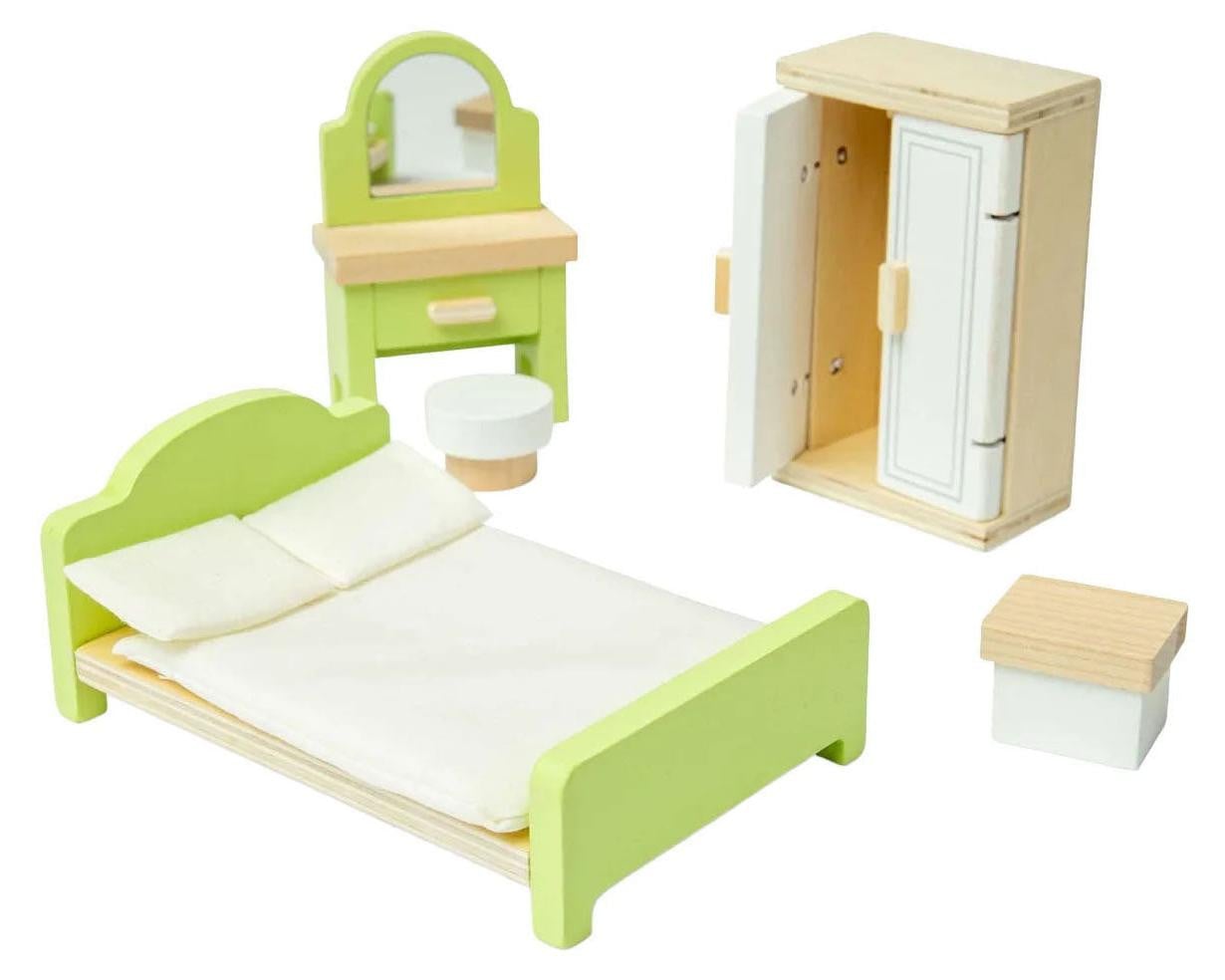 Bigjigs Toys Houten Slaapkamerset voor Poppenhuis met Bed, Kledingkast en Kaptafel