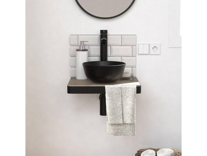 Meuble lave-mains SOHO plan fin p-serviette face vasque noire + robinet