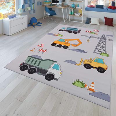 Paco Home Kids Rug for Nursery Construction Site Play Mat Cranes Trucks in Grey