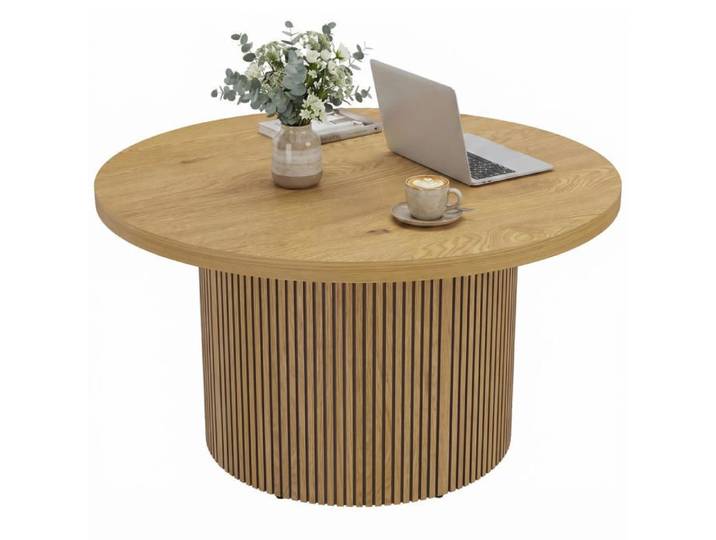 Table Basse Ronde AoSenYunZhou Table de Salon Effet Bois Naturel Piètement Cannelé Bords Arrondis