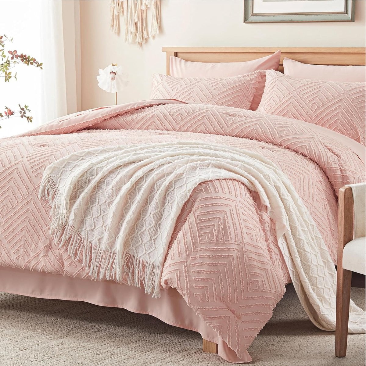Luxe 7-delige Dekbedovertrekset voor Kingsize Bed - Roze Getufte Boho Stijl Beddengoedset