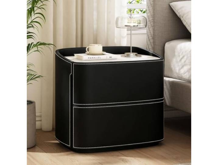 Moderner Nachttisch 2 Schubladen Schlichter Beistelltisch Rahmen aus Massivholz Leder Wohnaccessoires Komplett montiert(Black,50cm/20in)