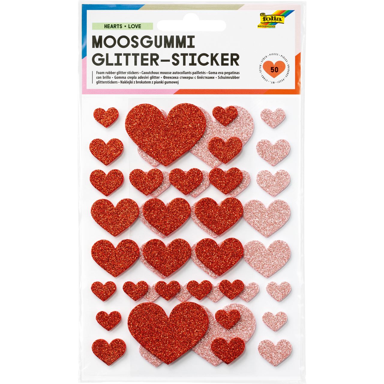 folia Moosgummi Glitter-Sticker HEARTS LOVE rot, hellrosa 50 St.