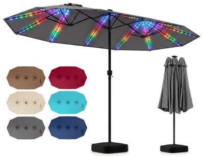 Costway 15.5FT Extra-Large Patio Umbrella with Base 12 Reinforced Ribs-Gray