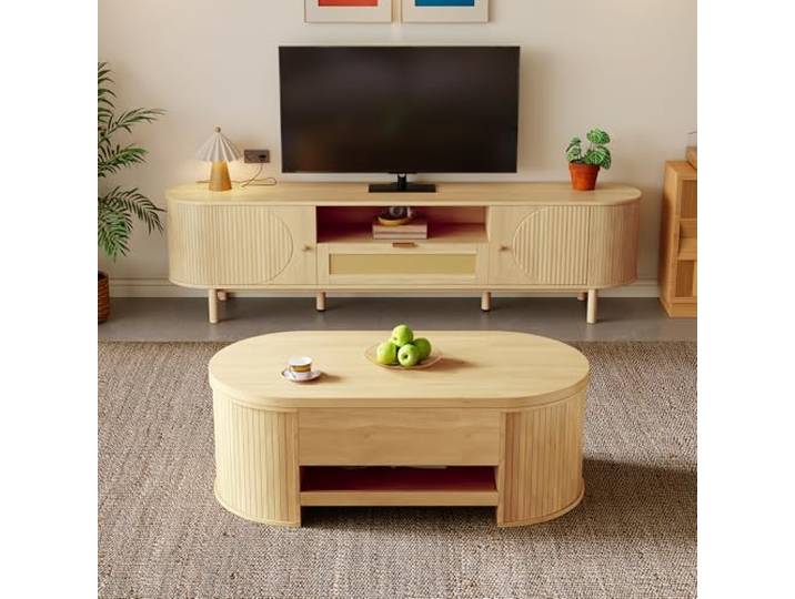 Fiednoy Wohnzimmermöbel-Set TV-Schrank Couchtisch Holz Höhenverstellbarer Couchtisch Mit Ausziehbarem Regal, TV-Lowboard Mit Rattan-Schublade, Kabelmanagement, 2-teilig