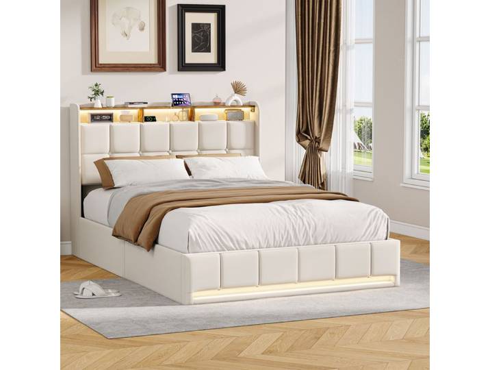 DADEA-Lit Double Coffre 140x190 avec Led Lit Rembourré Hydraulique avec USB Et Type-C Lit Capitonné avec Sommier à Lattes Beige+Lin