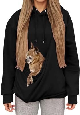 Uplifted Finds Autumn Winter Womens Hooded Sweatshirt With Pet Carrier Pocket Loose Fit Top m black