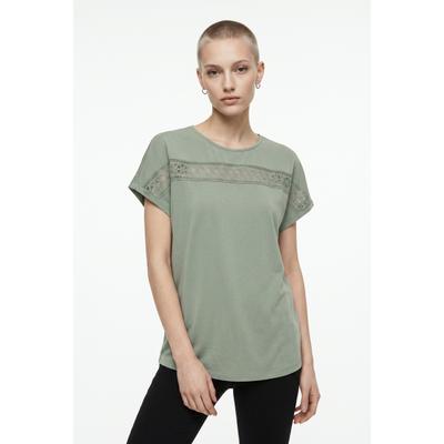 Kurzarmshirt ONLY "ONLFREE LIFE S/S LACE PANEL TOP JRS", Damen, Gr. S, grün (desert sage), Jersey, Obermaterial: 70% Modal, 30% Polyester, unifarben, Rundhals, Shirts