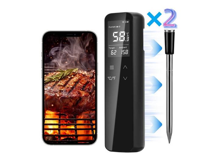 CkeyiN Bratenthermometer WiFi Bluetooth Fleischthermometer mit 6 Sensoren App-Steuerung 2600mAh, 2-tlg., Akku IP67 Wasserdicht Grillthermometer für Smoker, Grill, Ofen Küche