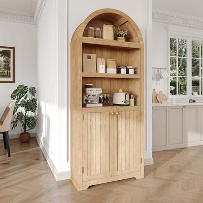 Garvee "72"" Arched 5-Tier Wooden Bookshelf Cabinet with Double Doors, Oak"