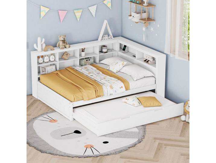 Lit multifonction - Bois massif - 140x200 cm - Lit gigogne 90x190 - Prise USB intégrée - Rangement