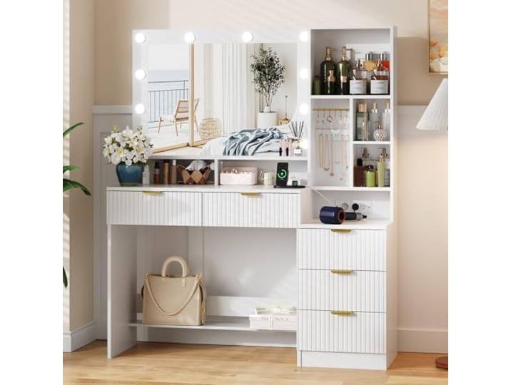 JUMMICO 114cm Großer Schminktisch mit großem Spiegel und LED-Leuchten, Schminktisch mit 5 Schubladen, 7 offene Regale, 7 Häkchen, Kosmetiktisch für Mädchen (Gletscherweiß, 114×40×149cm)