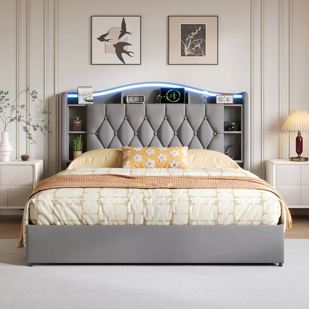 Canora Grey Solid Wood Lift Up Storage Bed Frame Grey 140 x 190 cm