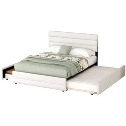 STILVORA Plattformbett 140x200 mit Räummaschine 2 Schubladen aus Leinen Beige Verstellbares Kopfteil für Komfort Schlafplatz sparen