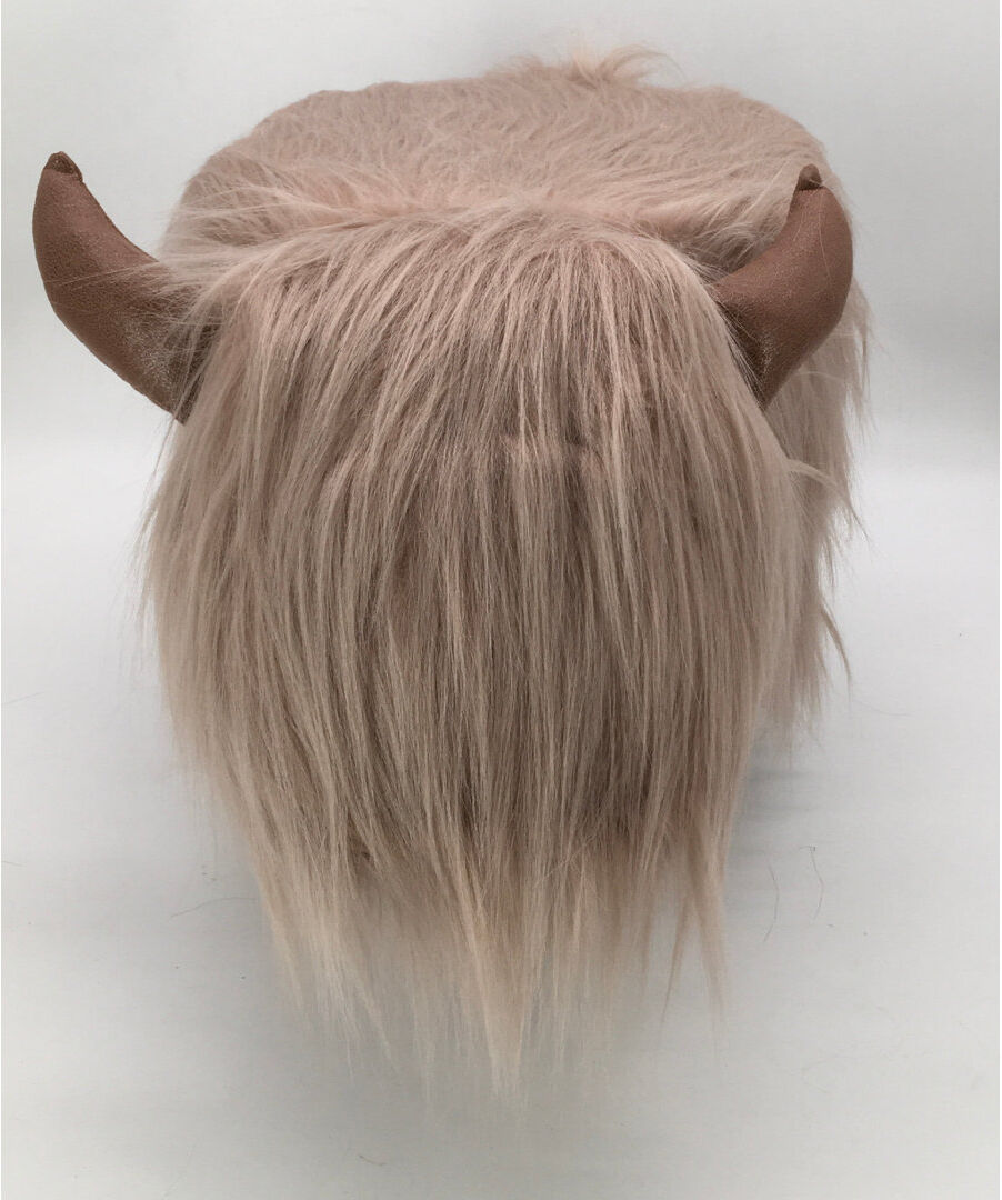 Gardeco Highland Cow synthetic fur footstool with wooden legs Pink Faux Fur 36cm H X 32cm W X 61cm D