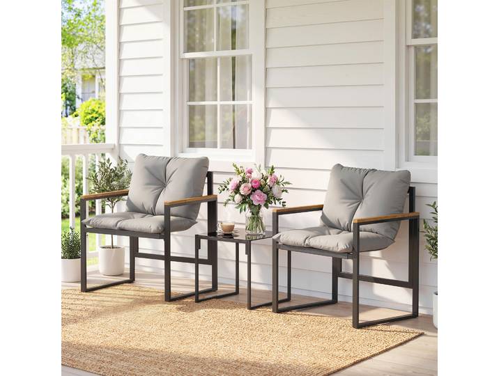 Outsunny Salon Jardin 3pcs 2 Places Gris avec Table Verre