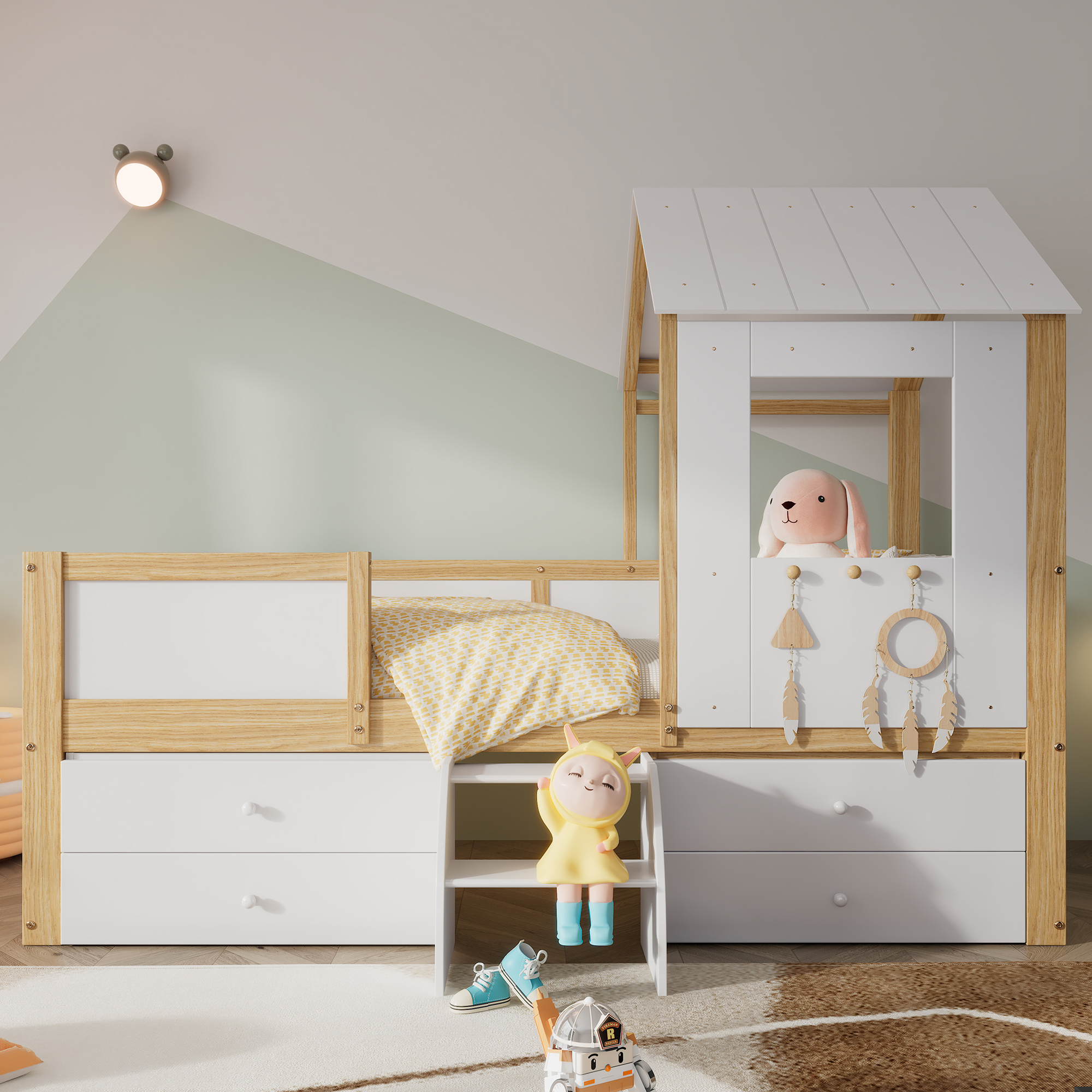 Merax Kinderbett 90x200cm mit Leiter und 4 Schubladen, Hochbett mit Rausfallschutz, Dach und Fenster, Kieferholzbett Jugendbett Kinderhaus Weiß/Natur