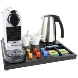 Willkommenstablett SUPREME Schwarz-Braun mit Wasserkocher STYLE 1,0 L Edelstahl und 2 weiße Porzellantassen