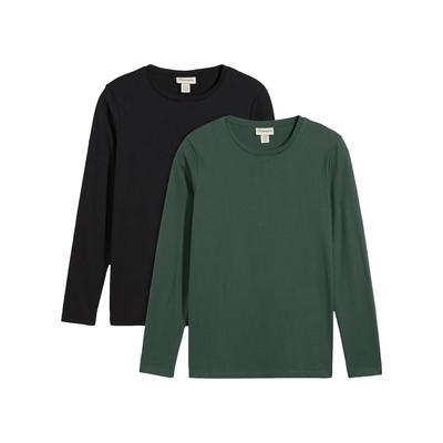 Umstandsshirt BONPRIX, Damen, Gr. 44/46 (L), bunt (schattengrün, schwarz), Obermaterial: 95% Baumwolle, 5% Elasthan, lässig geschnitten, Shirts Umstandsshirt, im Doppelpack, aus Jersey, lässig geschnitten