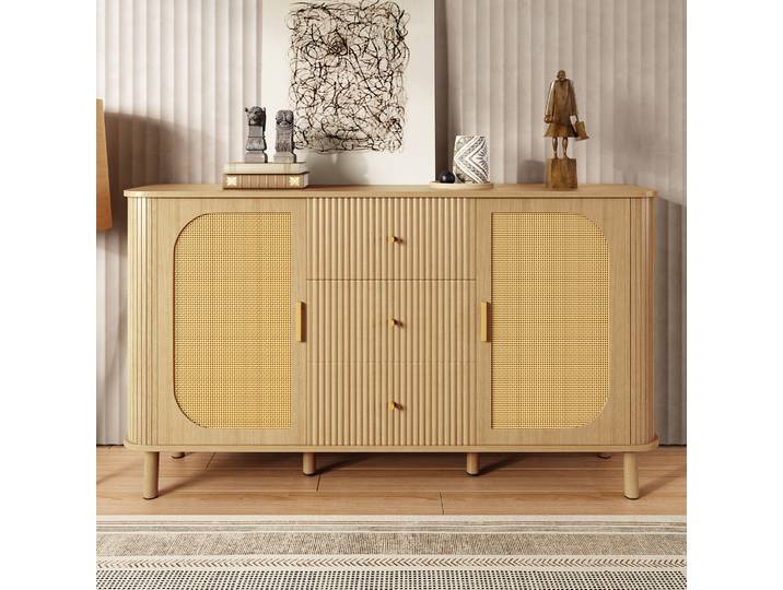 Buffet 140x40x80 Cm Naturel En Mdf Avec Portes En Rotin\, 3 Tiroirs Ondulés Et Passe-câbles