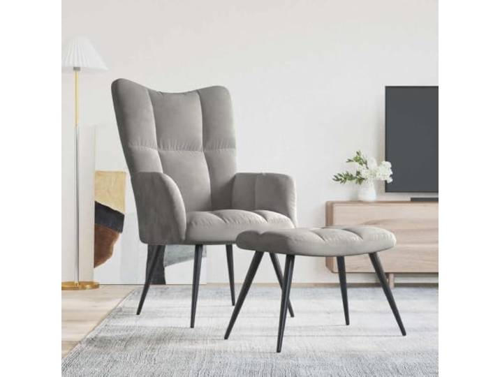 HEFZGDB Relaxsessel mit Hocker Hellgrau Samt Modernes Design mit Blockmuster und Stahlgestell für Stabilität und Langlebigkeit Weicher Samtbezug und Dicke Polsterung für optimalen