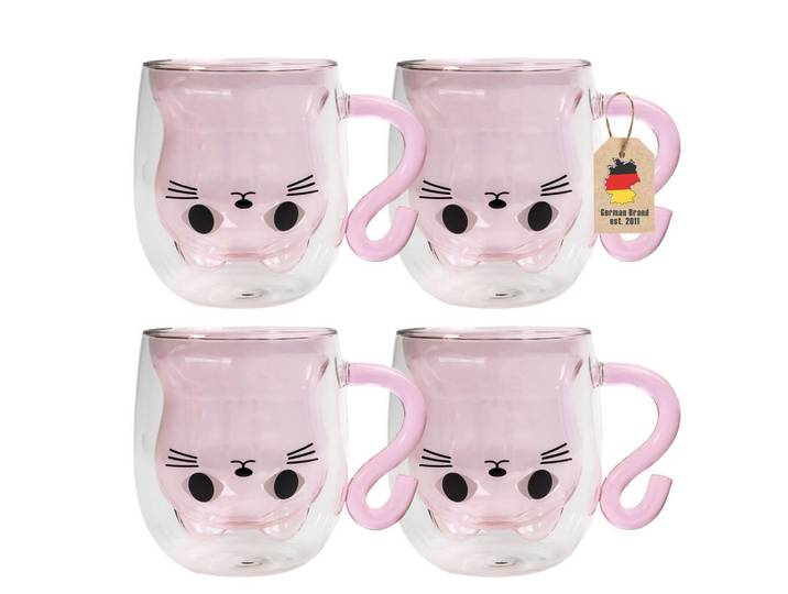 Intirilife Thermo Gläser Design Katze 200ml (4-tlg.), Rosa, Glas, 0.2 L, doppelwandig, Gläser, Gläsersets