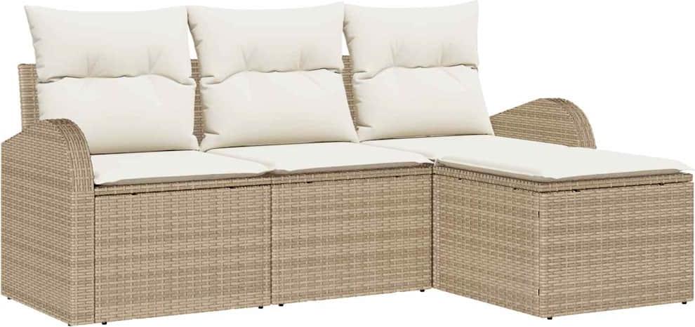 Modulares Garten-Sofa-Set, 4-teilig, Poly-Rattan, UV-beständig, wetterfest, 3 Sitzplätze, Beige, Weiß